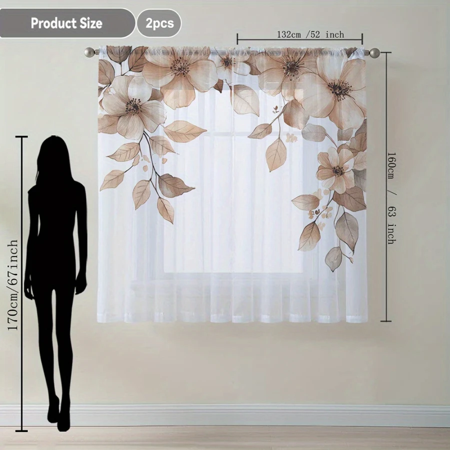 2PCS Digital Print Sheer Curtains, Brown Tone Flowers, Earthy Autumn Rustic Floral Style for Bedroom Living Room Home Decor