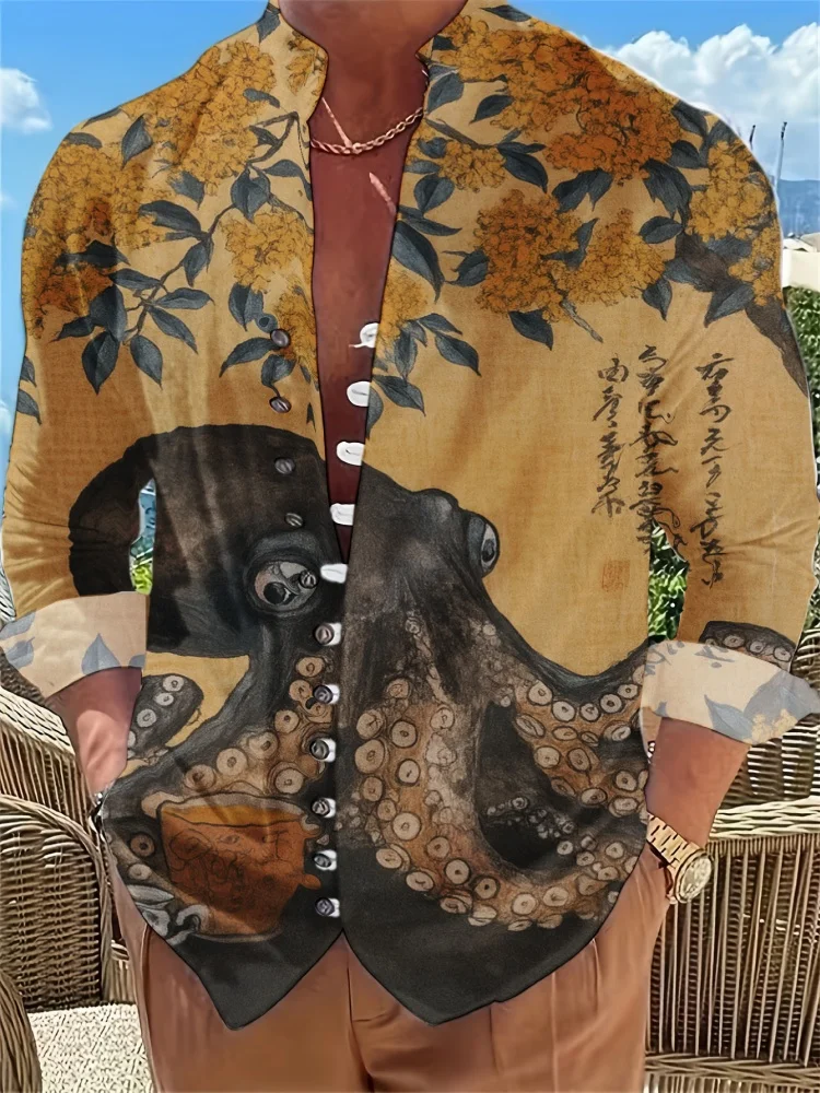 Mens Tops Vintage Ukiyo-E Octopus Ocean Wave Print Tunics Plus Size Mandarin Collar Multi Button Long Sleeve Beach Shirts