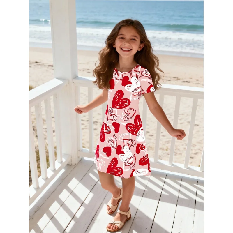 ชุดเดรสแขนสั้นลายหัวใจสีชมพูสำหรับเด็กผู้หญิง ปี 2026 กระโปรงลำลองความยาวปานกลางสำหรับเด็ก ลายหัวใจหวาน