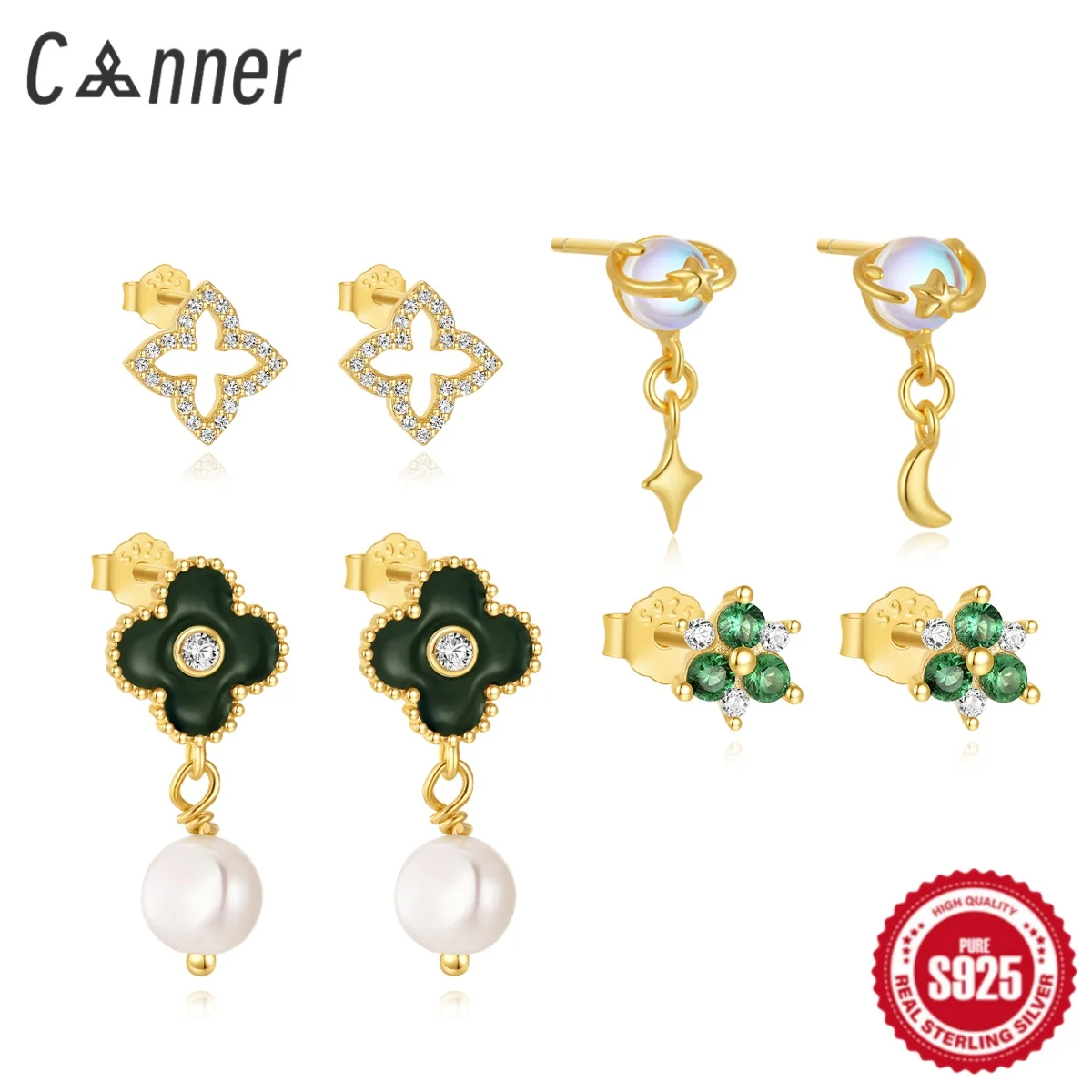 CANNER 925 Silver Simple Heart-Shaped Flowers Stud Earrings For Women Four-Pointed Star Hollow Green Zircon Fine Jewelry Gifts