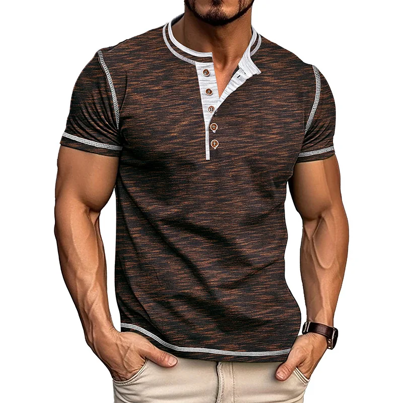 

Men's Henry Collar Short Sleeve T-shirt Casual Solid PoIo Shirt Male Cozy Tees Slim Fit Dailywear Button Up Basic Tops