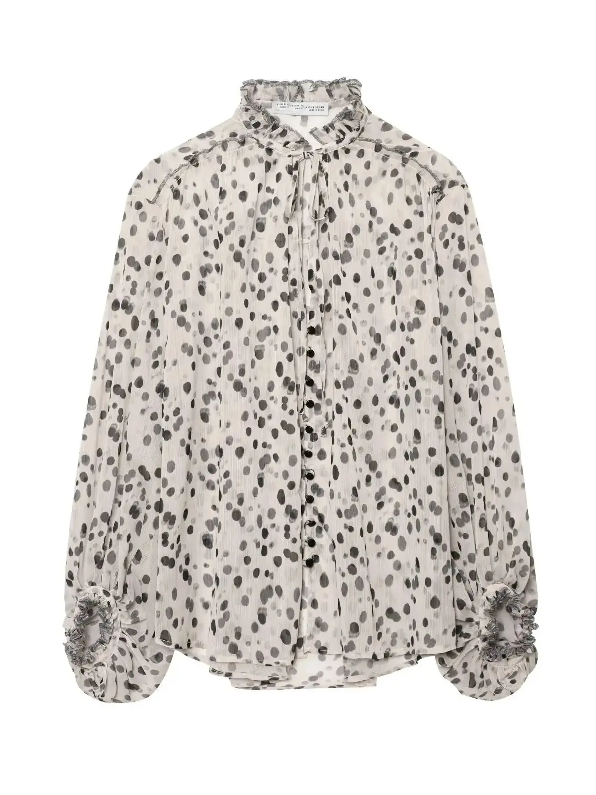 

2025 Women's Vintage Loose Transparent Dot Printed Chiffon Ruffles Shirts Lady Elegant Pink High Street Lace-up V-neck Blouses
