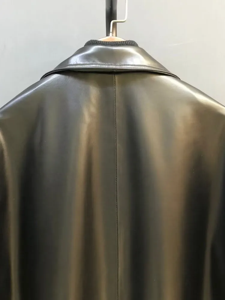 Koreanischen Stil Damen Echtes Leder Einreiher Einfarbig Trenchcoat Revers Lange Ärmel Freizeit Lose Schaffell Jacke