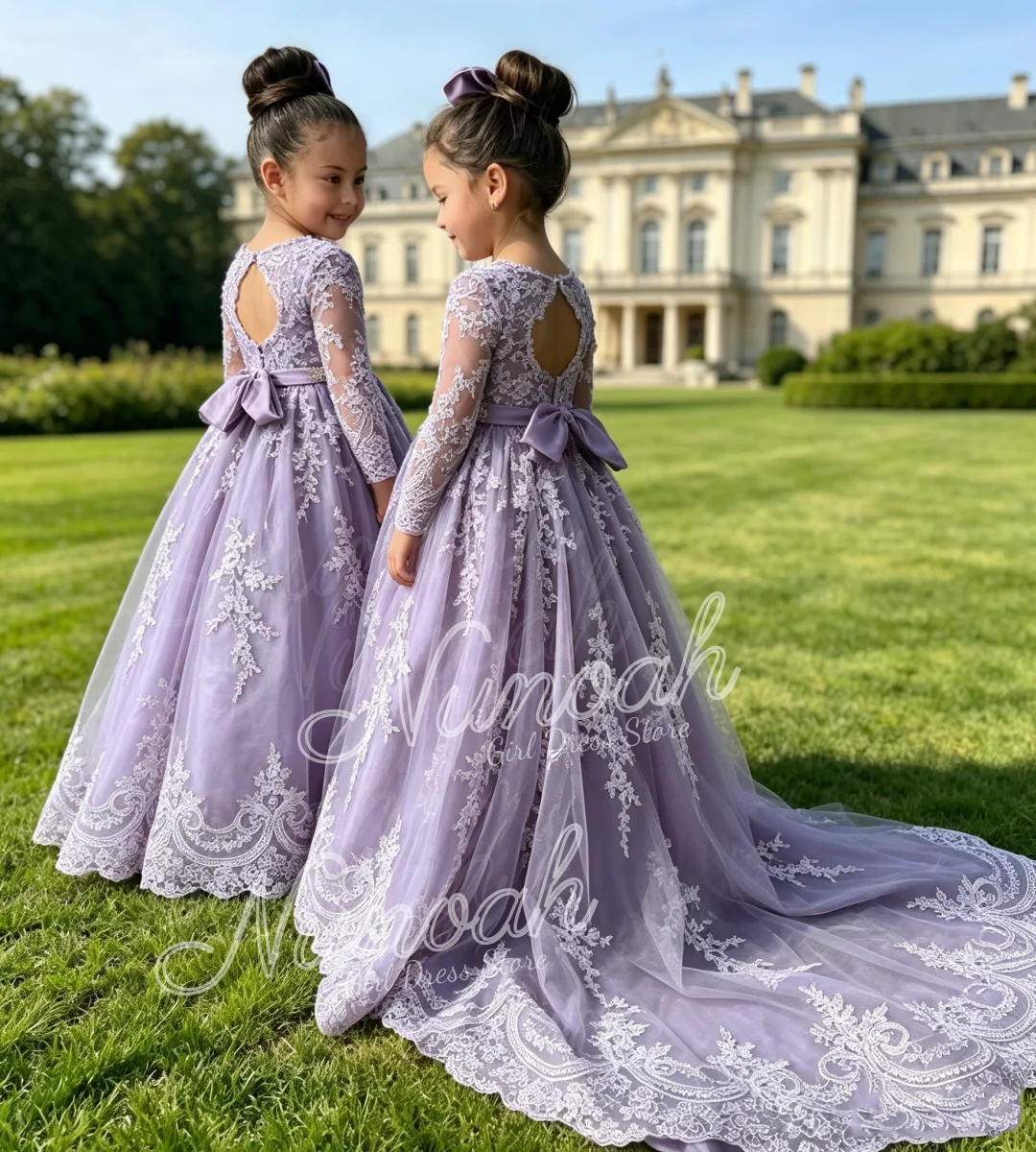 Purple Flower Girl Dress For Wedding Beaded Lace Appliques Girl Birthday Party with Trail Bow First Communion Gown Customized
