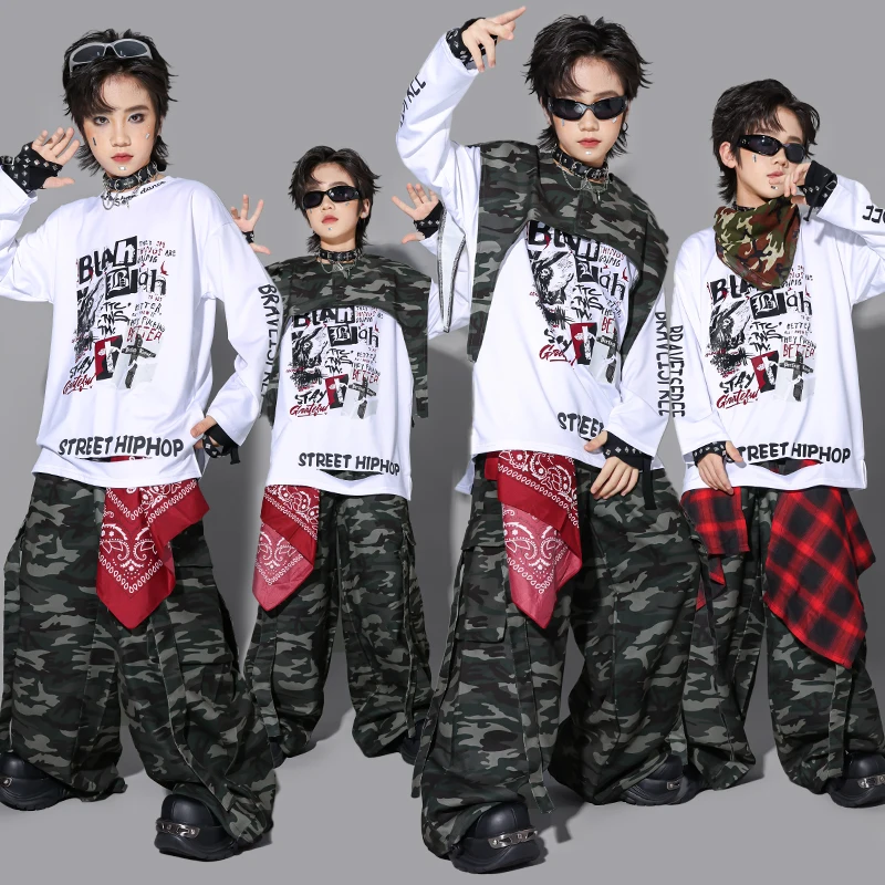 Hip Hop Dance Costume Children Jazz Performance Outfit Camouflage Pants Boys Street Dance Stage Clothes Cool Streetwear AMY2885