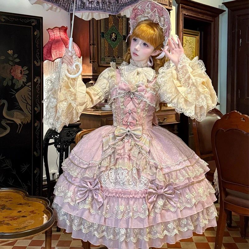 Przemysł ciężki elegancka wspaniała księżniczka sukienka na przyjęcie urodzinowe 3D kokarda kwiat diamentowa koronkowa siatka łączenie Lolita Jsk sukienka damska