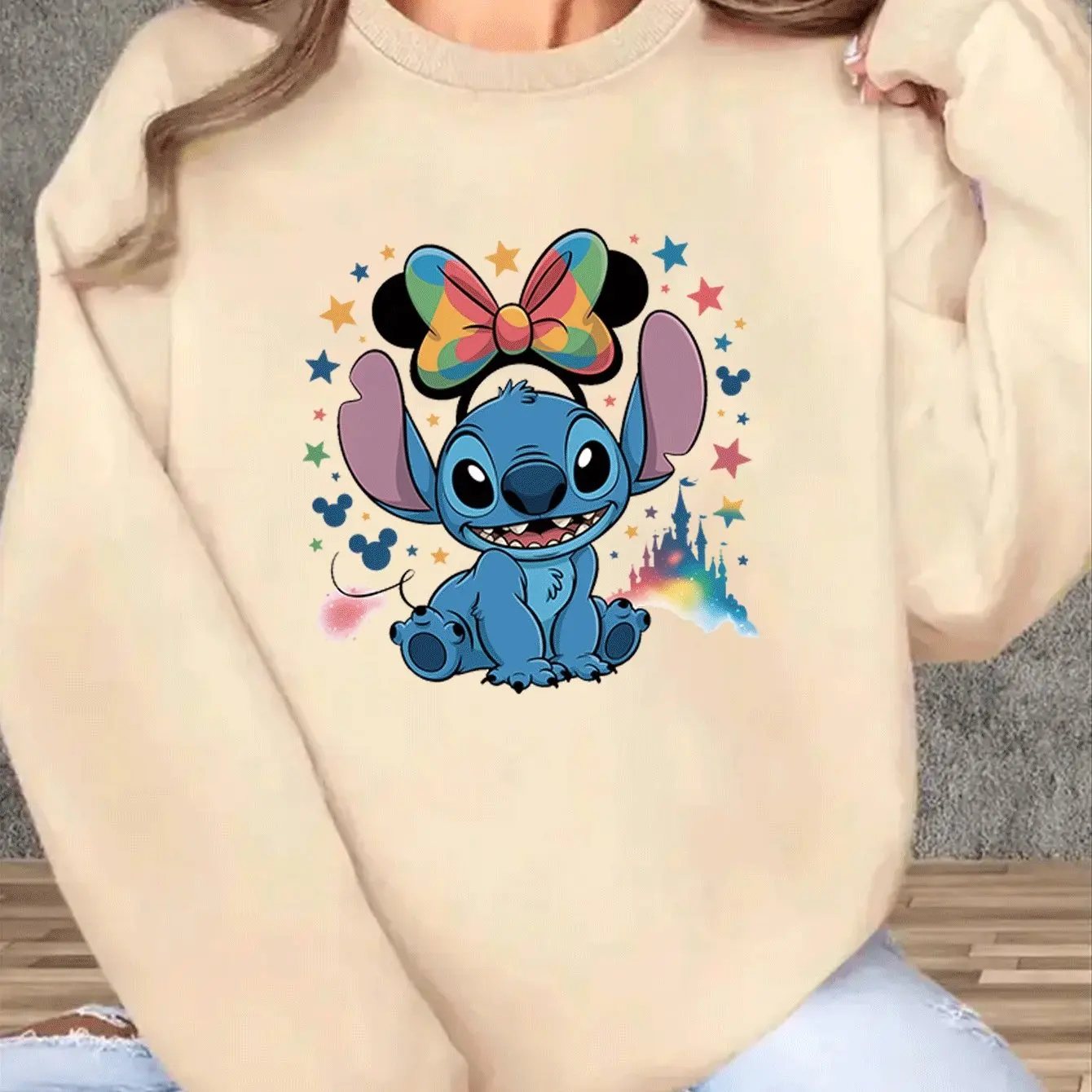 سويت شيرت نسائي برقبة دائرية من Disney Stitch بلوفر للجنسين من الصوف كاجوال للخريف والشتاء ملابس خروج كبيرة الحجم