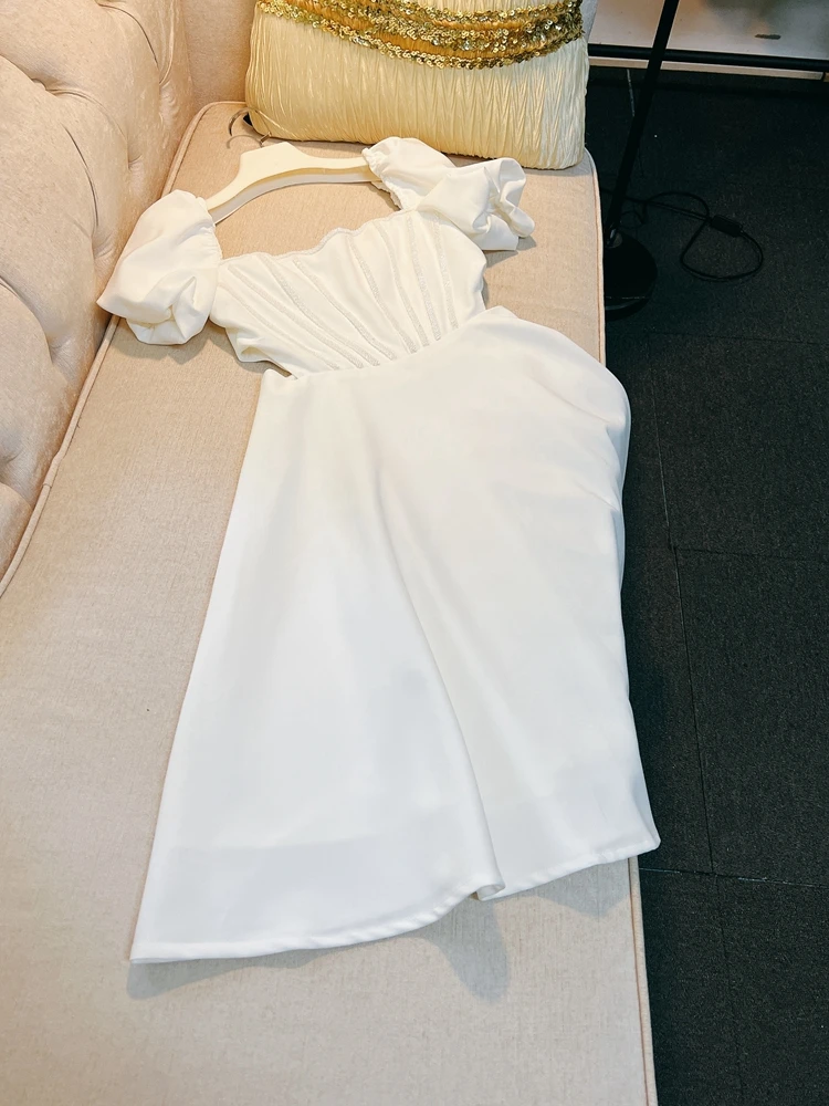 Pure White Pearl Fibone Hollow out Design Square Ne Bubble Sve Dr High Waist Long Dr Summer Evening Gown