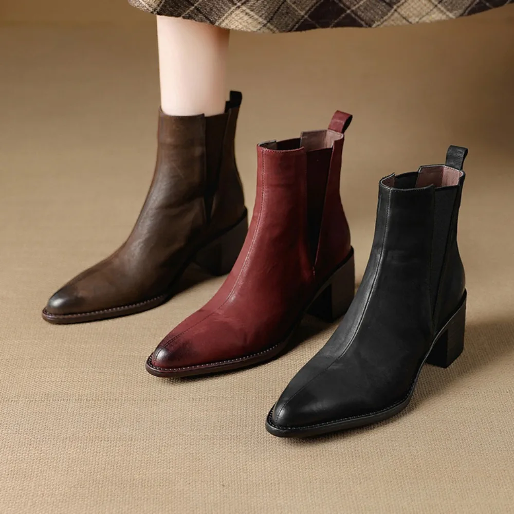 Women's Spring 2026 Retro Ankle Boots Genuine Leather High Heel Pointed Toe Office Date Daily Wear