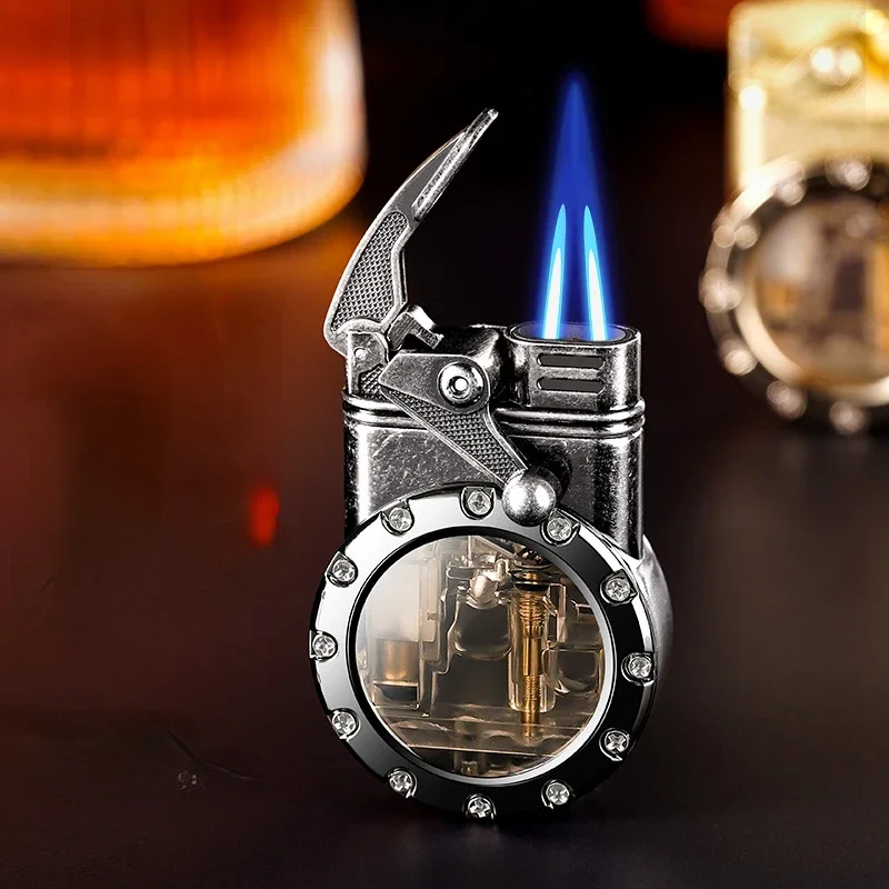 Vintage Rocker Lighter Double Direct-flush Transparent Large-capacity Gas Chamber Inflatable Lighter Men's Smoking Gifts