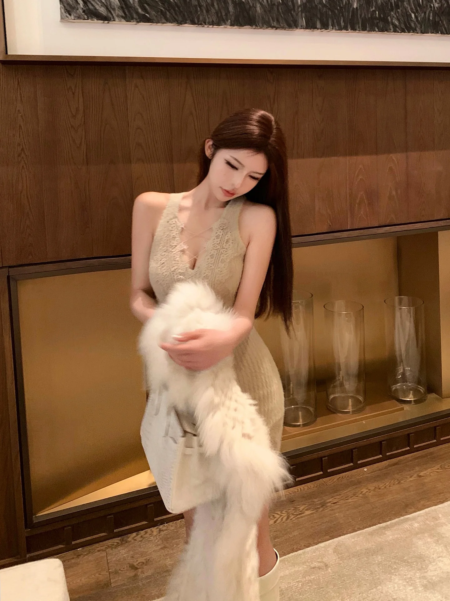 

Onelady Winter New Sle Women's Knitted Dr Mink Velvet Wrap around Skirt Slim Fit ort Base Skirt V-Neline Bodycon Dr