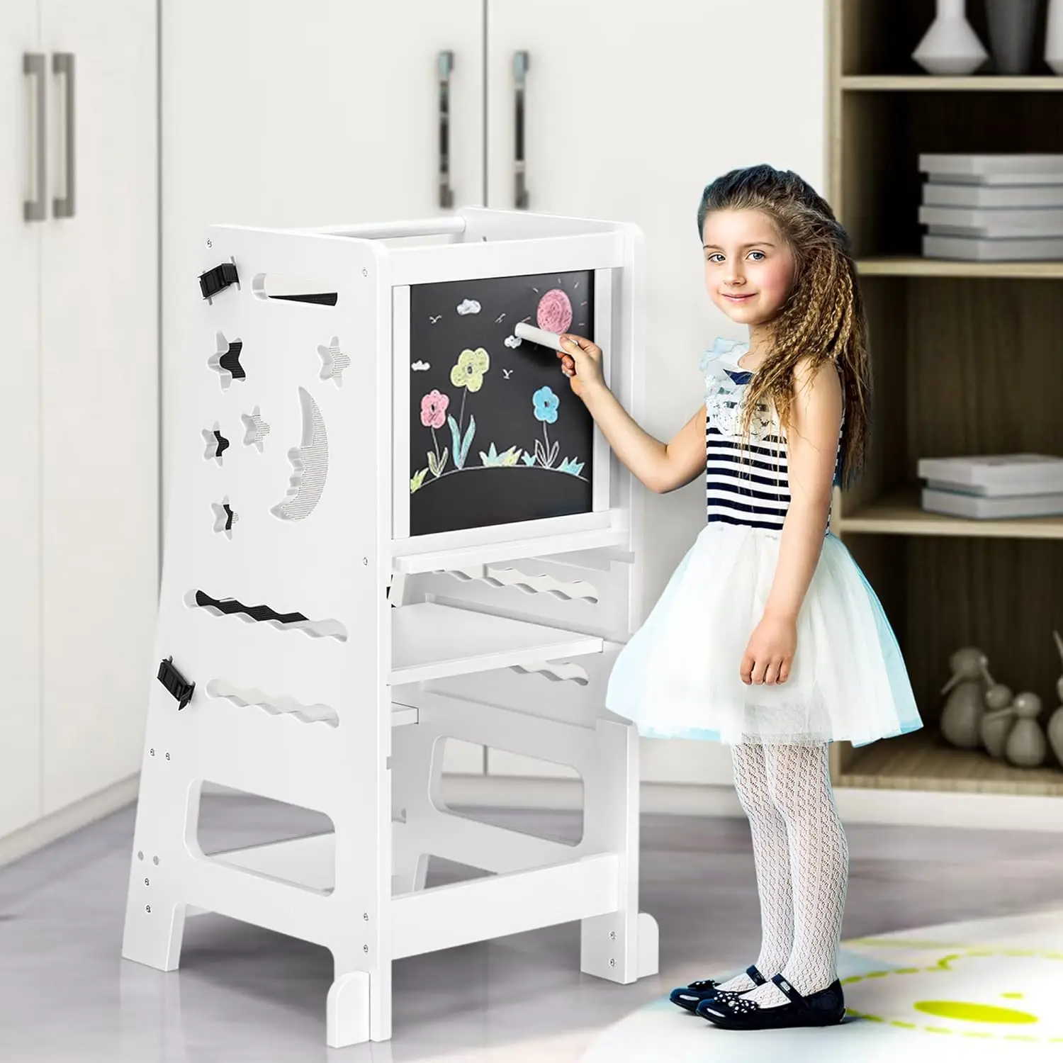 Toddler Kitchen Stool for Kids Step Stool - White Little Helper Tower Adjustable Height with Learning Black & White Activity Boa