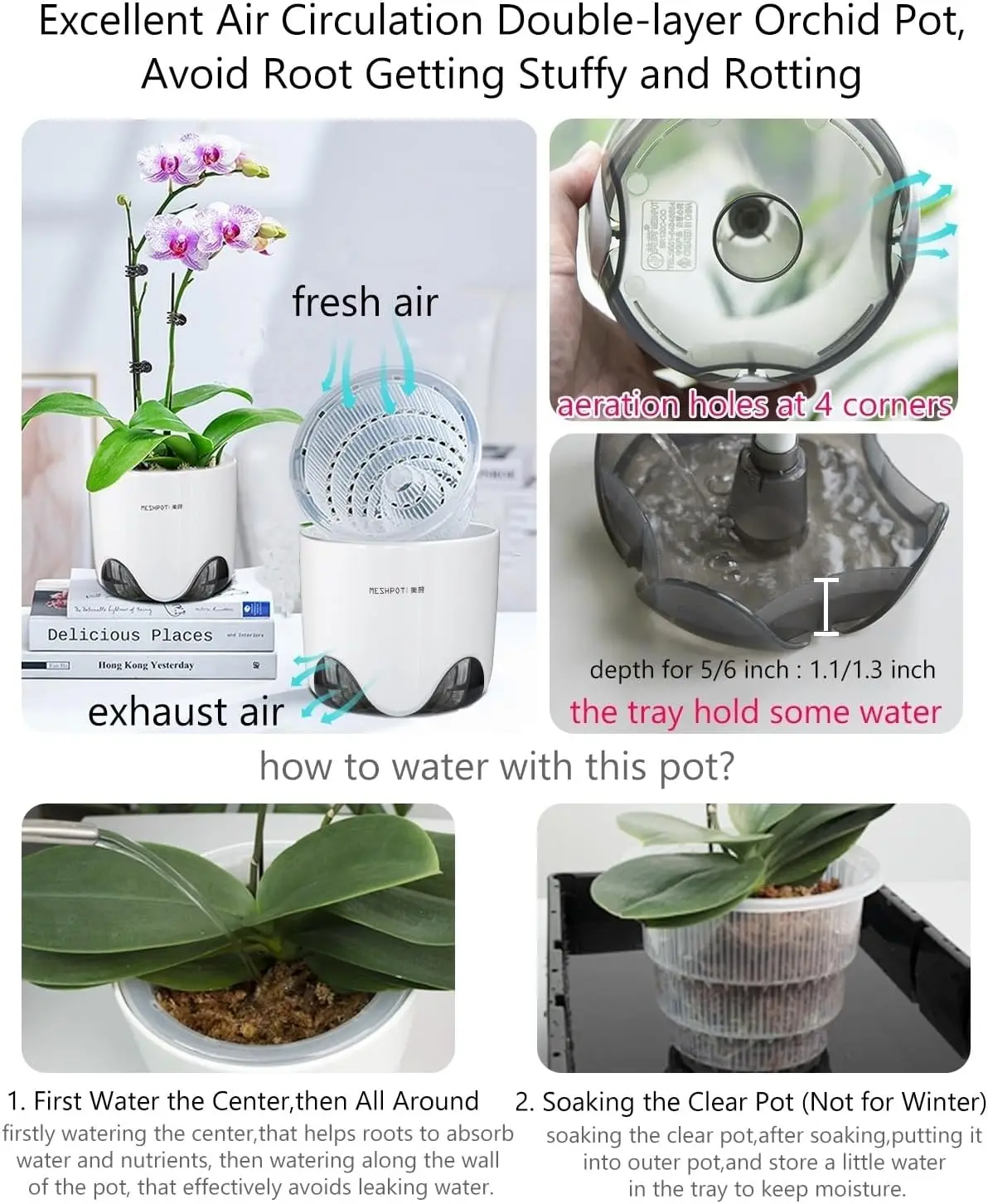 Vase Orchid,Orchid Pots with Holes for Repotting,Double Layer Plastic Imitate Ceramic Orchid Planter Provide Good Air Circul