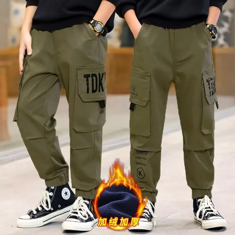 2024 New Boys Letter Print Cargo Pants Thick Trousers for Winter Autumn Kids Fleece Sport Pants Teenage Children Casual Clothes