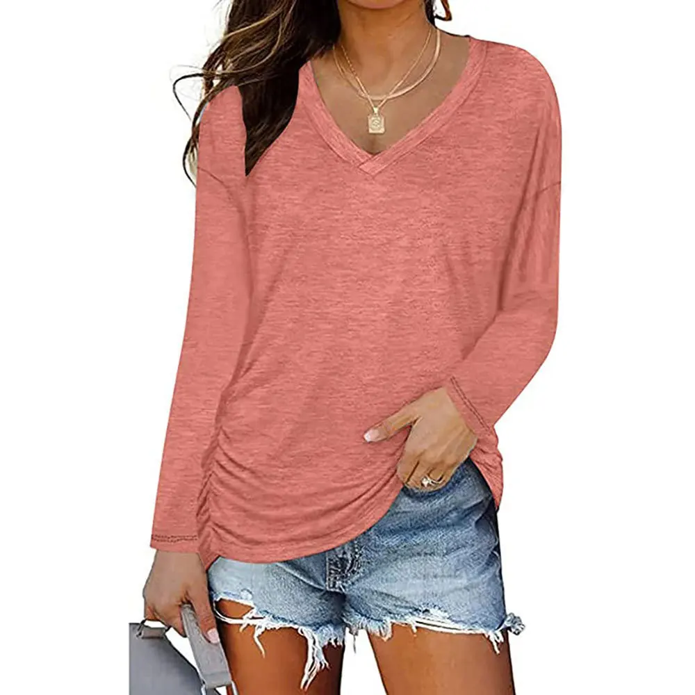 Women's V-Neck Shirred Long-Sleeved T-shirt, Loose Casual Top, Monochromatic, Fall, Winter