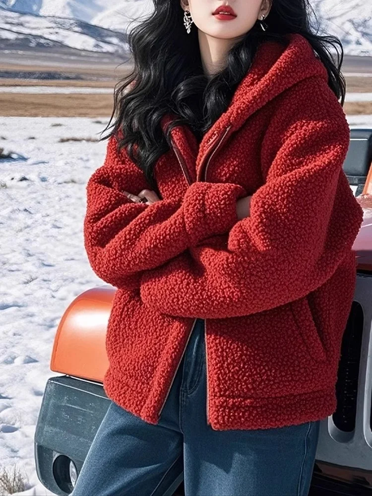 レッドラムファージャケットジッパー付きトップスレディースファションレイジースタイル春秋ハイエンド感暖かい厚手ロングスリーブフーディー