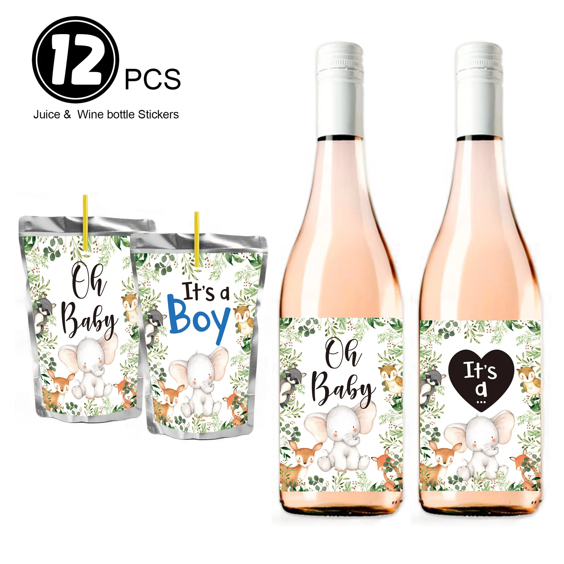 12Pcs Gender Reveal Wine Bottle Sticker Birthday Party Theme Party Party Baby Shower Elephant