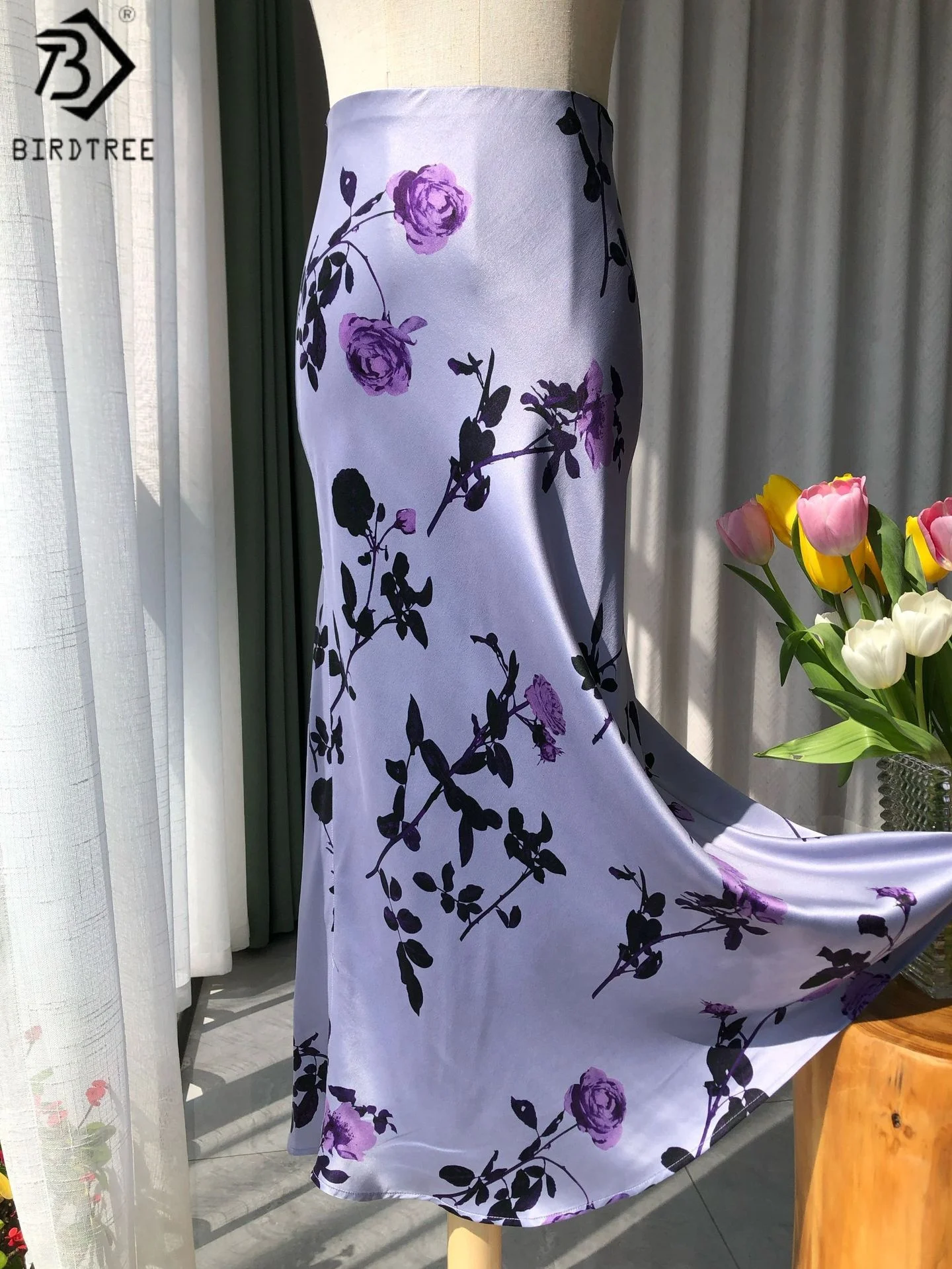

BirdTree 20MM 100% Mulberry Silk Purple Bias-cut Skirt,Woman Sand Washing Plain Satin Plant Print Skirt,2025 New D57836JF