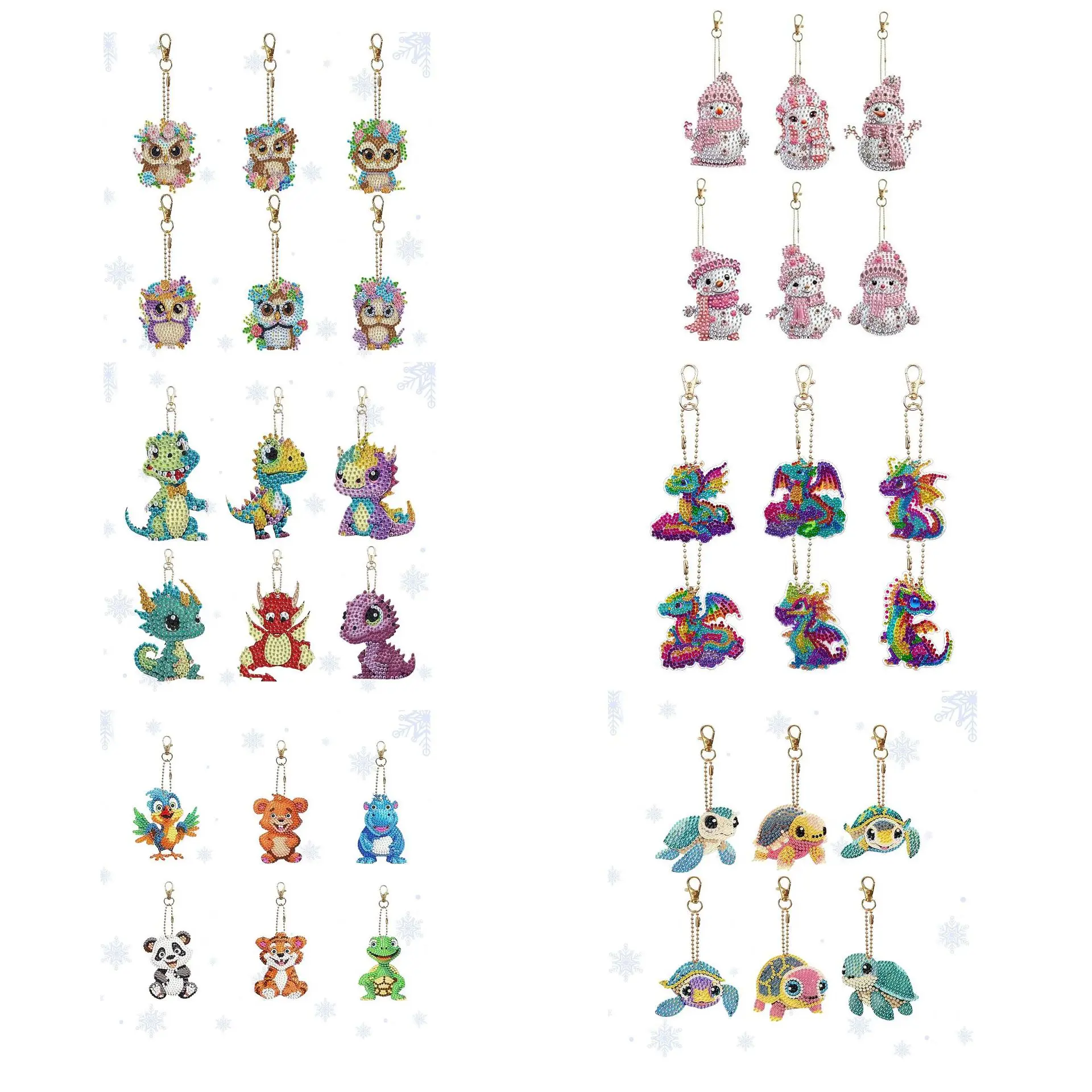 DIY Bling Rhinestone Diamond Painting Keychain Mixed Cartoon Animal Series Dinosaur Owl Snowman Sea Turtle Jungle Creature Hangi