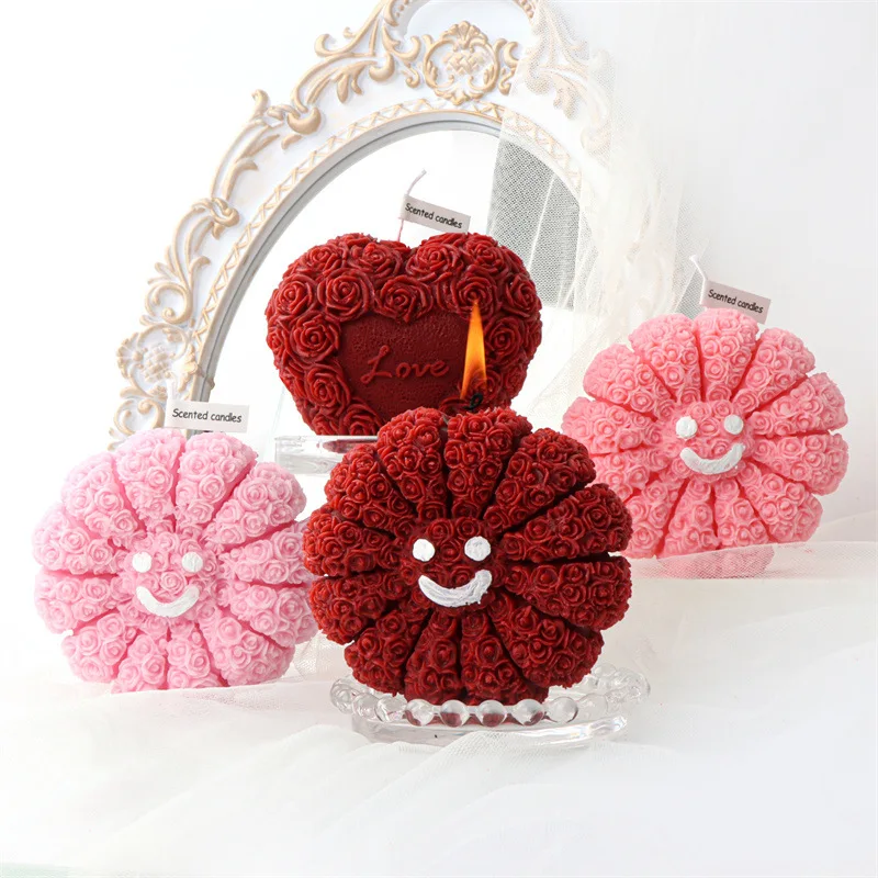 3D Valentine\'s Day Love Rose Bear Candle Silicone Mold DIY Silicone Woman Kissing Figurine Wedding Craft Gifts Deco