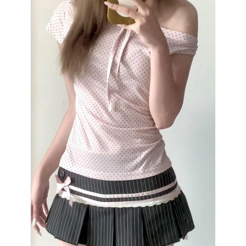 

Deeptoown Korean Style Sweet T-Shirts Women Pink Polka Dot Y2k Kawaii Tees Sexy Off-shoulder Spicy Girl Casual White T-Shirts