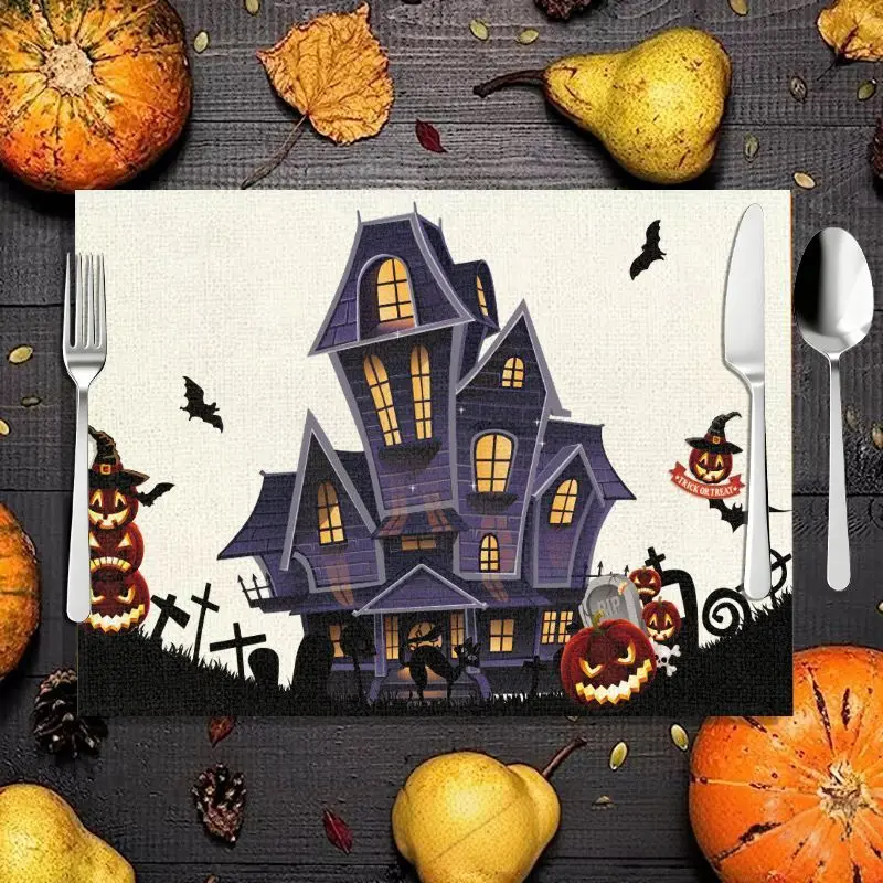 VIKAMA Purple Haunted House Halloween Placemat Linen Pumpkin Black Cat Print Heat Resistant Dining Table Decor