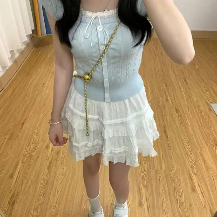 

2025 Summer New Knitted Lace ort Sve Top with Knot Sweet ort Sle for Women Spring round Ne Other Material