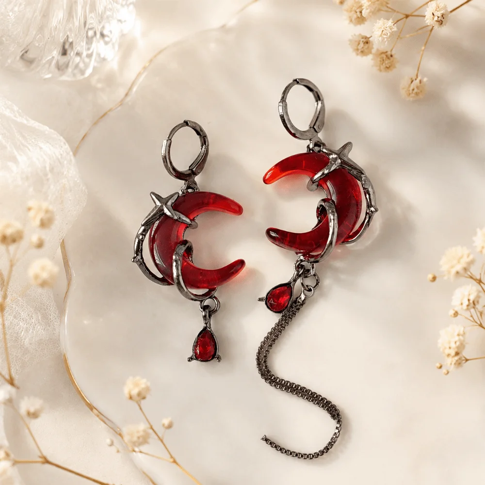 Red Crystal Rhinestone Moon Earrings Gothic Style Tassel Chain Asymmetry Earrings Sweet Cool Jewelry Women Dangle Earrings Gift