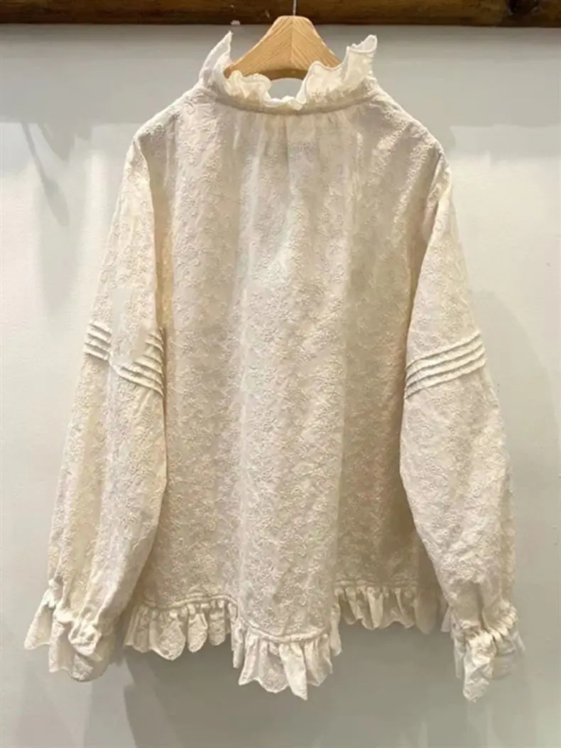 

French Sweet 2025 Autumn New Style Mushroom Edge Fashion Embroidery Shirt for Women