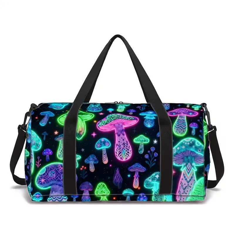 Youthful Glowing mushroom cat 3D Print Barrel Shape Crossbody Outdoor Sports Bags Gym Yoga Bag Large Capacity Travel Bags