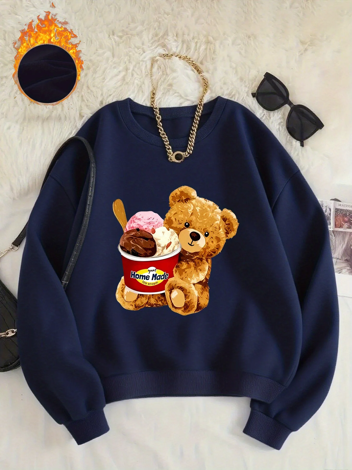 

Women's Teddy Bear & Ice Print Sweatshirt - Cute Brown Teddy Bear & Pink Ice Cone with Heart Eyes, Navy Blue Relaxed Fit Crew