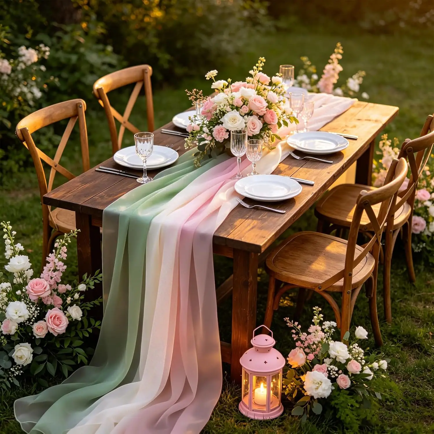 3Pcs Chiffon Table Runner Pink Sage Green White Sheer Tablecloth for Wedding Bridal Baby Shower Party Home Kitchen Decoration