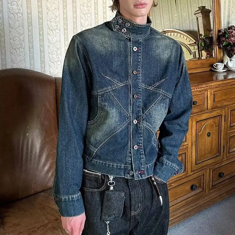 American-style Three-dimensional Deconstructed Patchwork Washed Denim Jacket Men Loose Casual Autumn New Coats CSE43