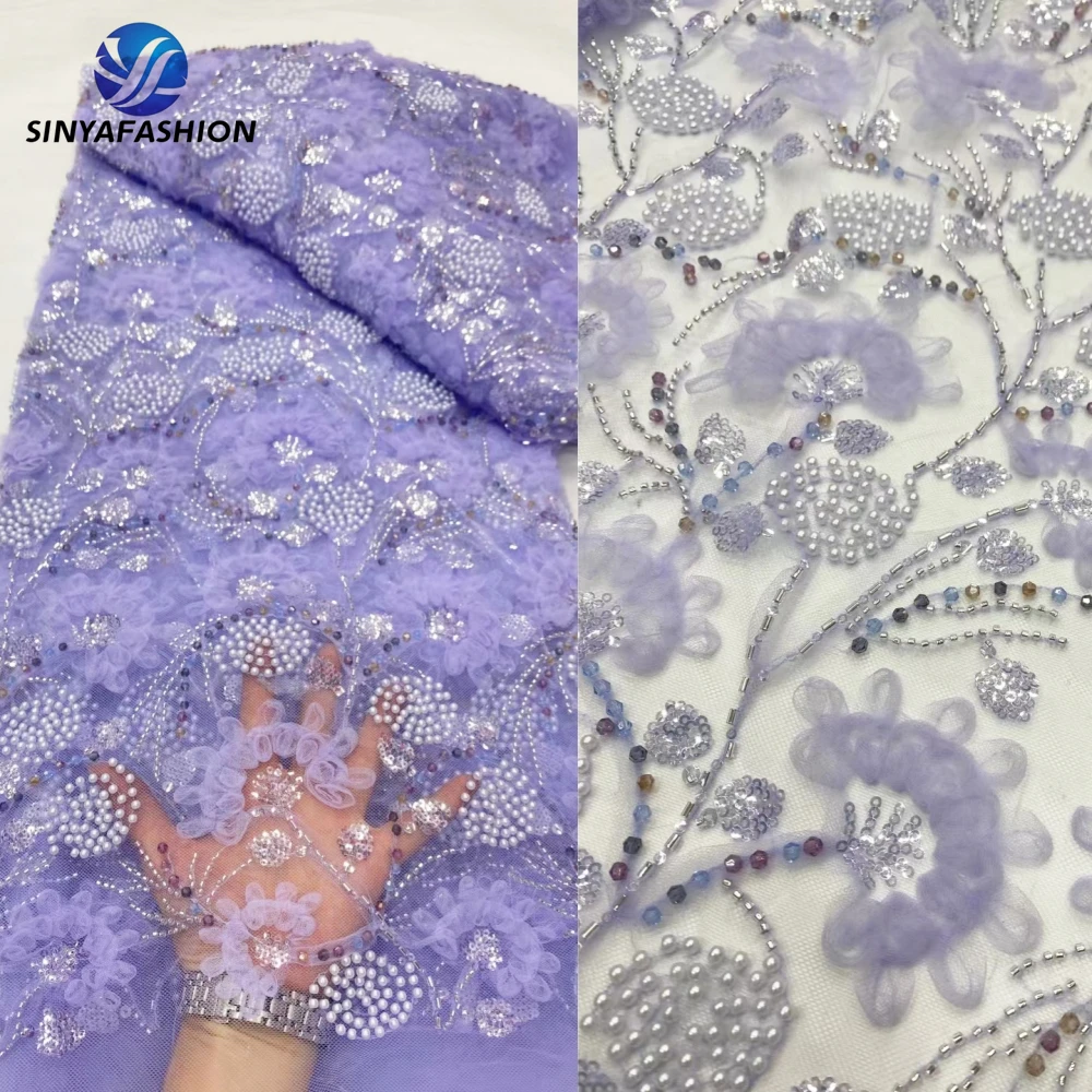 

Sinya Full Sequins Pearls African Nigerian 3D Lace Fabric 2024 High Quality French Embroidery Luxury Crystal Beaded Lace Fabric
