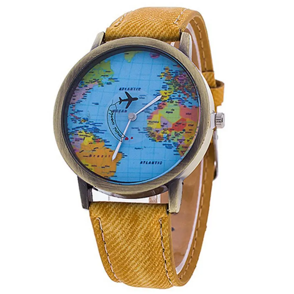 Montre à Quartz Analogique pour Homme et Femme, Cadran Carte du Monde, Bracelet en Tissu Denim, Étudiants, Horloge, Montre-Bracelet d'Affaires