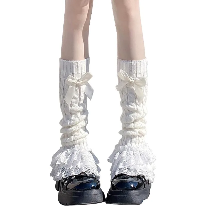 

Women's Knit Leg Warmers – Y2K Bow Lace Trim Knee-High Socks for Lolita & Costume Parties