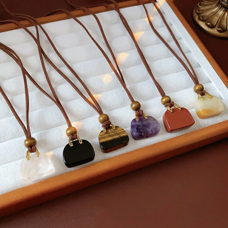 

Korean Wave Artificial Stone Bag Wood Bead Necklace Personalized Retro Melad Leather Sweater Chain Fashion Autumn/Winter Jewelry