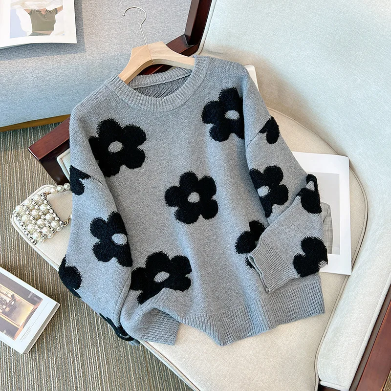 Korean Autumn Winter O-neck Woolen Women Sweater Flower Warmth Fashion Versatile Long Sleeve Knitted Pullovers Knitted Women Top