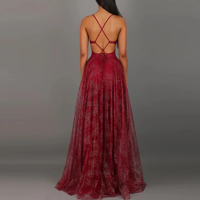 فستان صيفي كاجوال شبكي مطوي بتصميم بسيط، تنورة طويلة نسائية لامعة بخصر مرتفع، فستان حفلات مثير بياقة على شكل V وظهر مكشوف