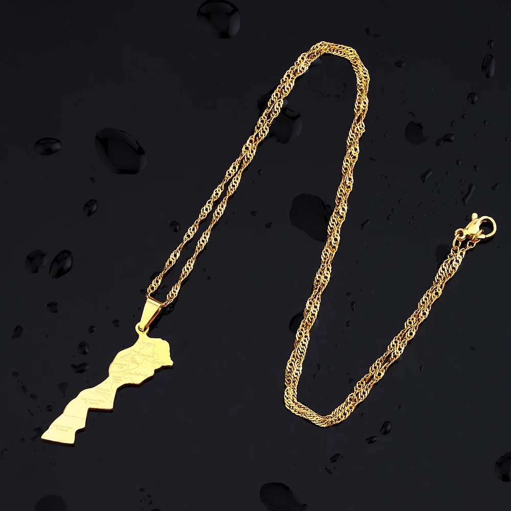 African Morocco Map City Pendant Necklace Stainless Steel Men Women Gold Color Steel Color Country Map Jewelry Gift