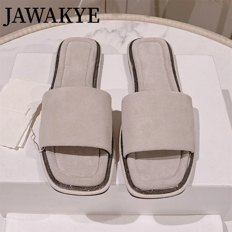 2023 Summer Leather Flat Slippers Women Round Open Toe Popular Brand Suede Mules Flat Shoes Luxury Casual Home Shoes Mujer