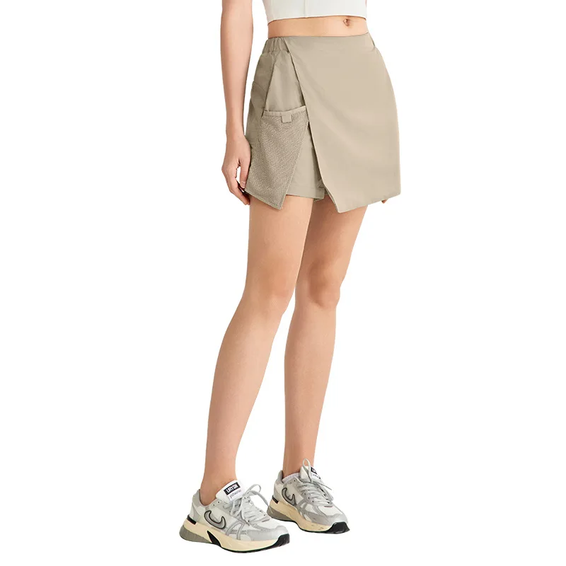 

Women Summer Yoga High Waist Slit A-line Skirt Anti-emptied Patchwork Tennis Skirt Side Double pockets Comfortable Shorts