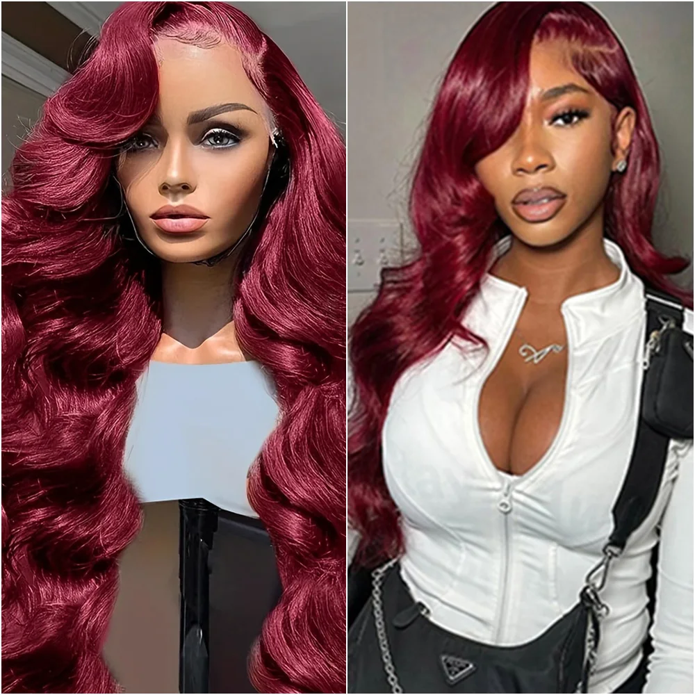 Peluca de cabello humano 100% de color rojo burdeos ondulado, peluca Frontal de encaje HD 13x6, pelucas frontales de encaje rojo 99J 13x4, pelucas de cabello humano de 36 pulgadas