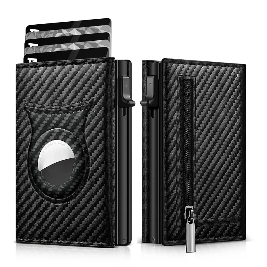 Men's Carbon Fiber Magnetic Card Clip Leather RFID Triple Fold Card with Zipper Wallet Pop Up Smart AirTag Wallet