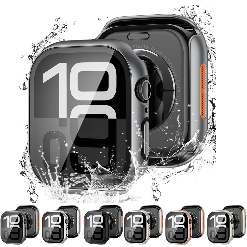 

Стекло + чехол для Apple Watch, 46 мм, 42 мм, 45 мм, 44 мм, 41 мм, 40 мм, водонепроницаемая жесткая защитная пленка для экрана ПК для iWatch 10 9 8 7 6 5 4 SE