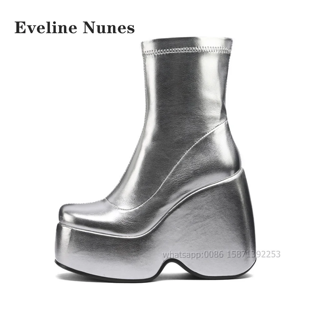 

Silvery Splicing Zip Stretch Boots Round Toe Height Increasing Platform Sewing Women Pantshoes Large Size Glossy Casual Shoes