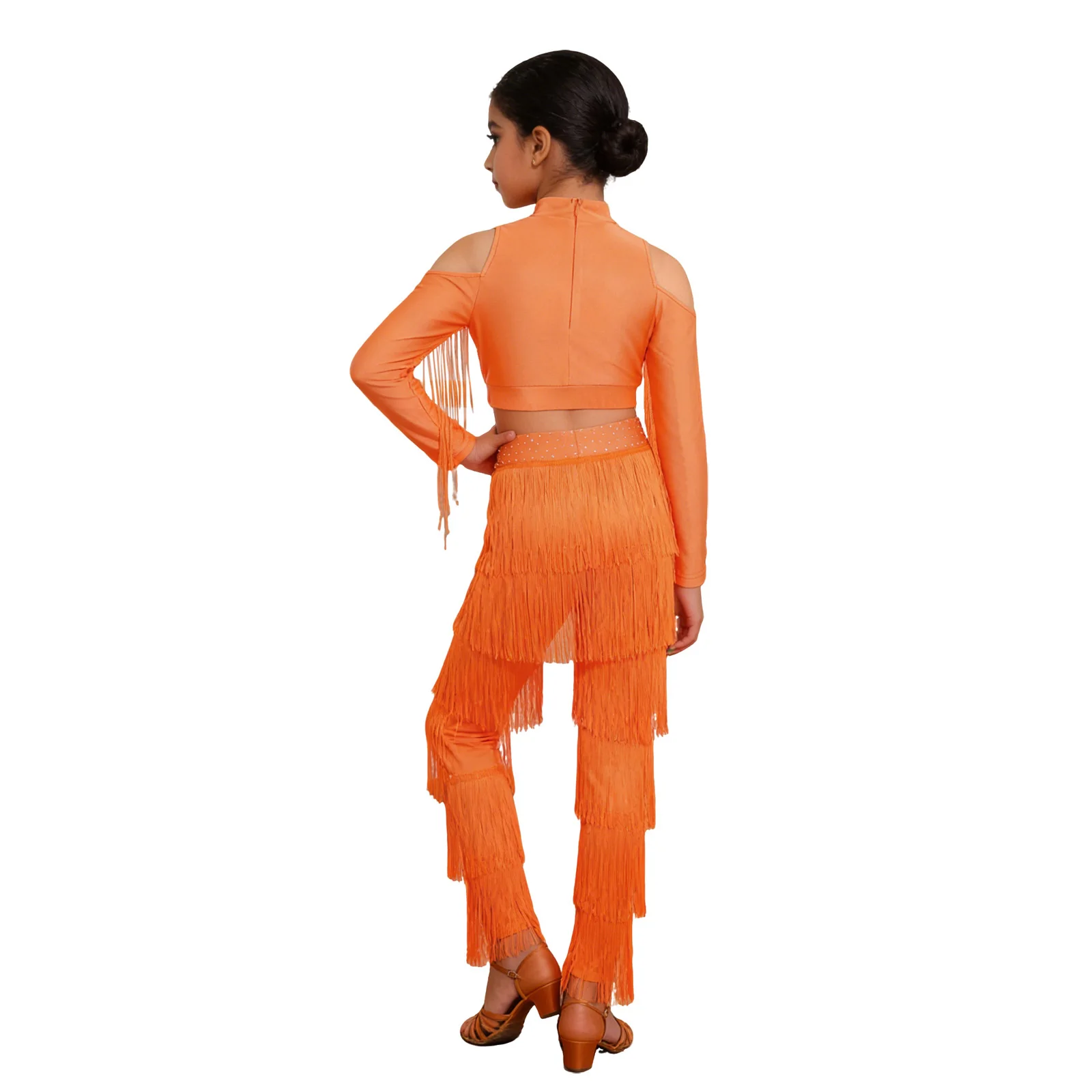 Kids Salsa Latin Dance Outfit Cold Shoulder Tassels Long Sleeves Shiny Rhinestones Crop Top with Pants Girls Tango Dance Costume