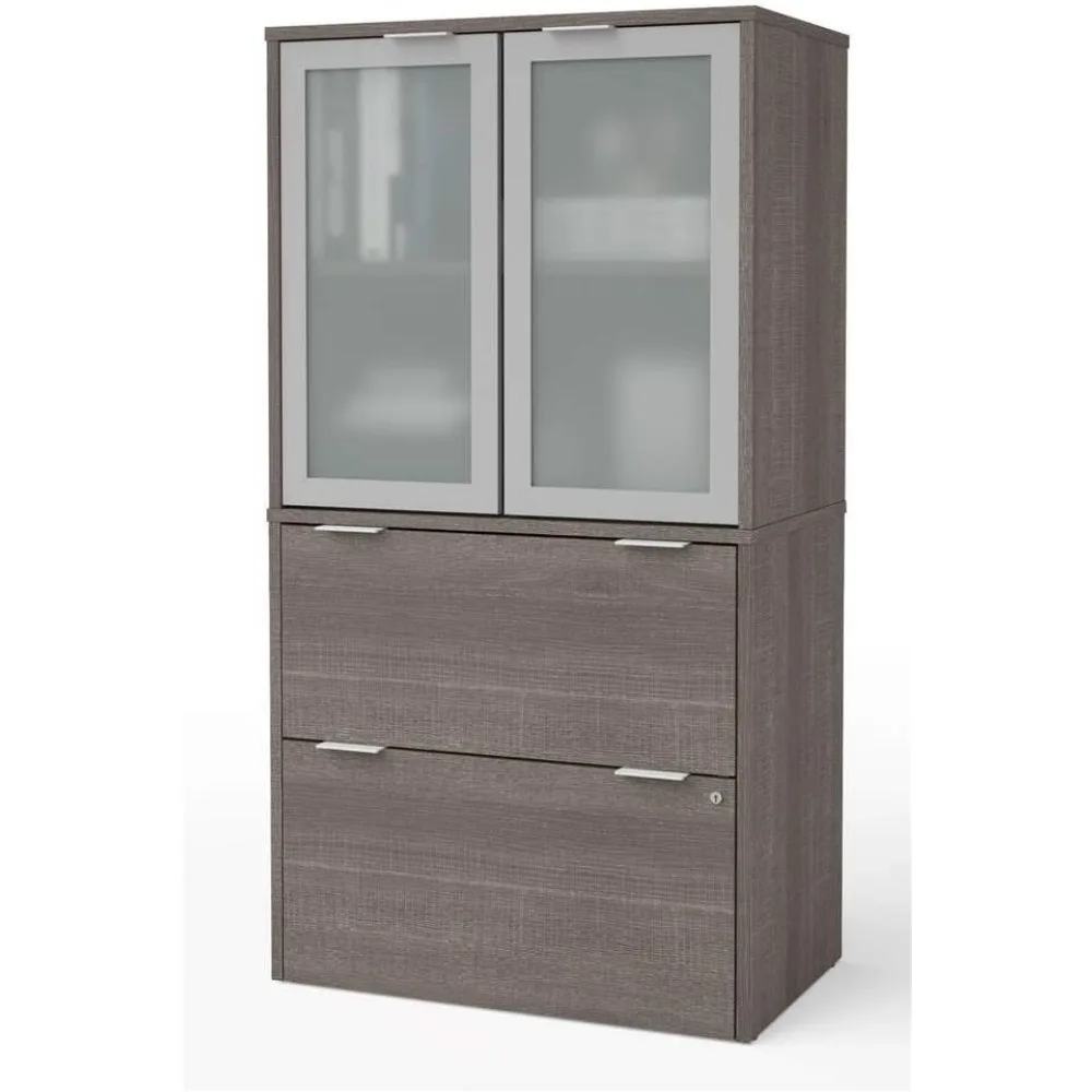 

Bark Grey 31W Lateral File Cabinet with Frosted Glass Doors and Hutch