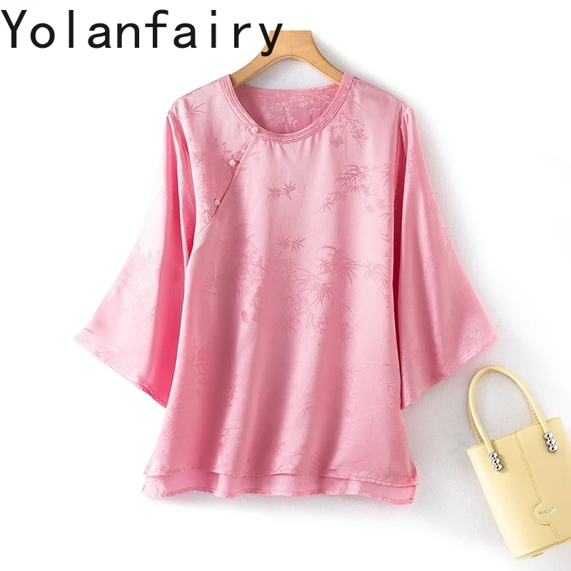 

YOLANFAIRY 100% Genuine Mulberry Silk Shirt Woman Chinese-style Silk Satin Jacquard Women Shirts Large Half Sleeve Blouse Tops
