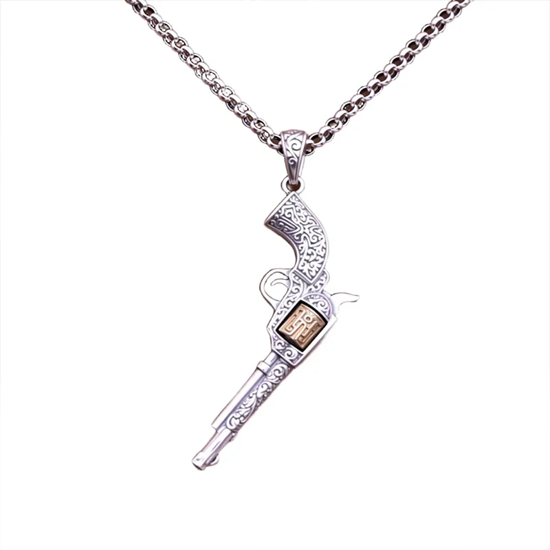

925 Sterling Silver Left Revolver Gun Pendant - Vintage Antique Gothic Style Unisex Chain Necklace